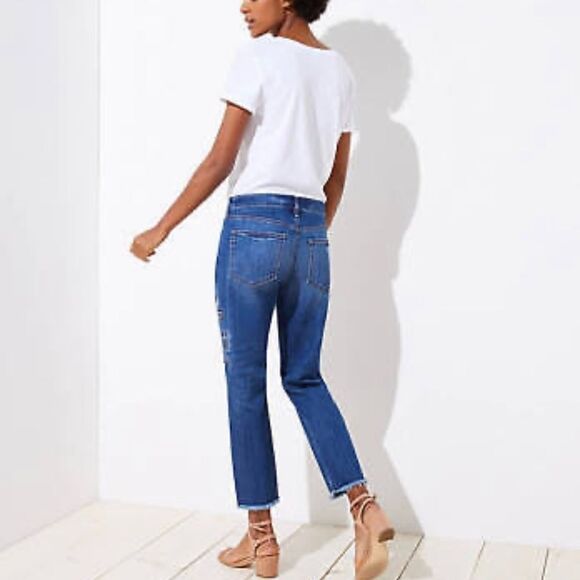 Loft Floral Embroidered Boyfriend Jeans Cropped Raw Hem Blue 4 27 - Picture 6 of 14